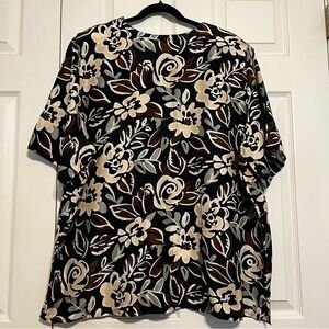 Vintage Valerie Stevens Pure Silk Black and Cream Floral Blouse Size 24W 80s 90s